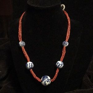 Vintage RedCoral, Hand Painted Porcelain Spherical beads/ SS Clasp